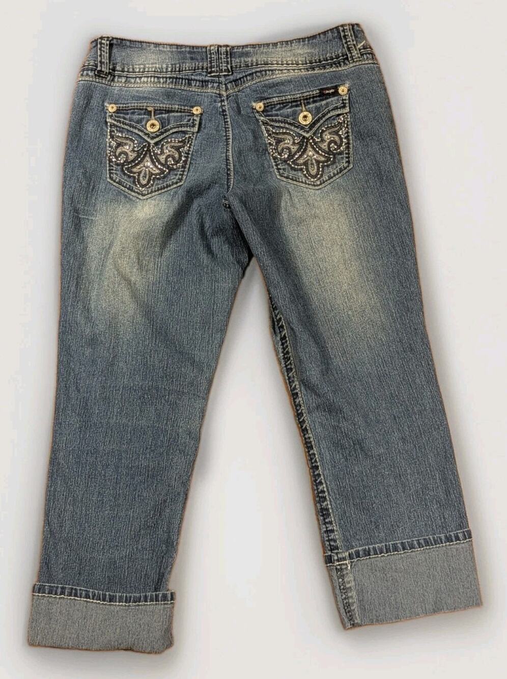 Angels Jeans Y2K Size 15 Low Rise Rhinestone Embroidered Cuffed Capri Jeans